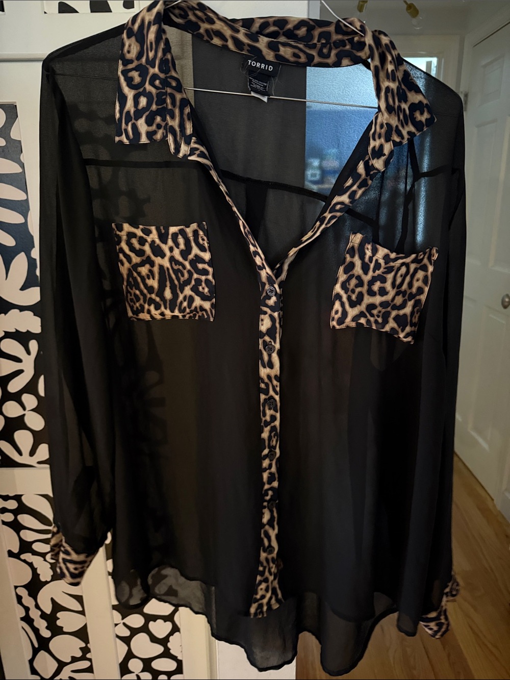 torrid Black Sheer Button-Front Blouse with Leopard Trim